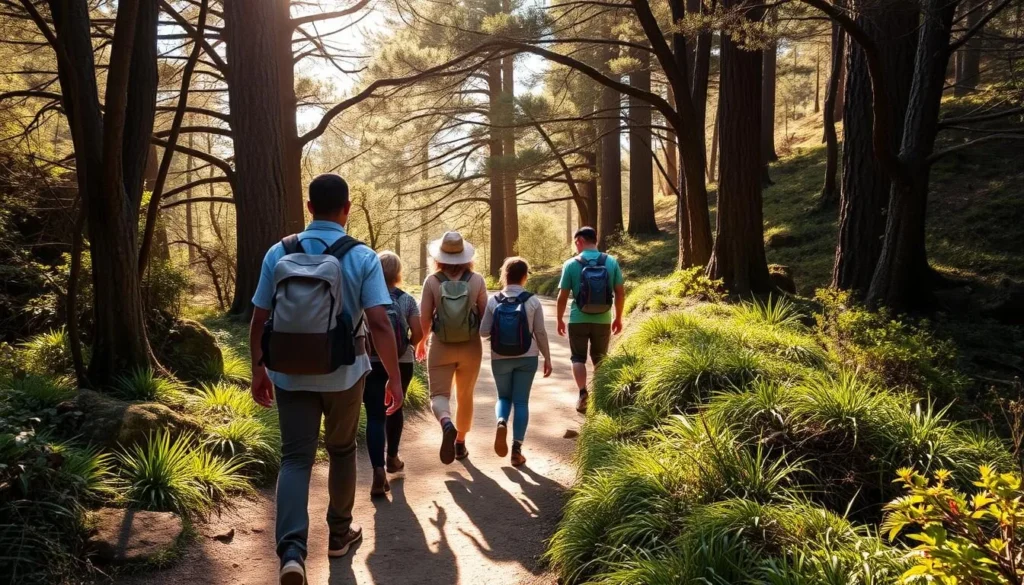 Hikers on the Dipsea Trail at Mount Tamalpais State Park surrounded by lush vegetation Hikers on the Dipsea Trail at Mount Tamalpais State Park surrounded by lush vegetation
