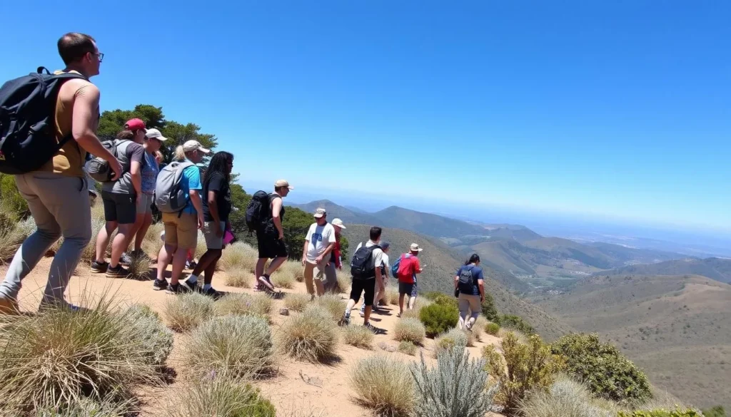 Hikers on the Eagle Peak Trail at Mount Diablo enjoying scenic views Hikers on the Eagle Peak Trail at Mount Diablo enjoying scenic views