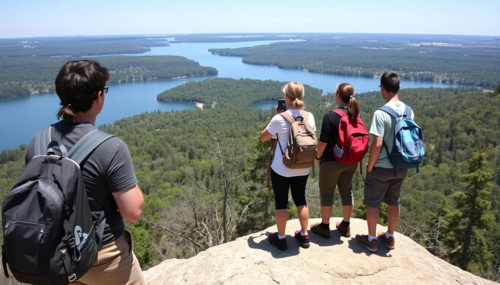 Hikers on the Eagle's Bluff Trail at Devil's Island State Park Illinois enjoying panoramic views