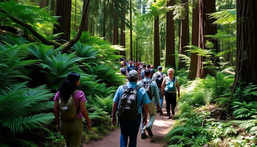 Hikers on the Fern Canyon Trail in Russian Gulch State Park surrounded by lush greenery and redwoods Hikers on the Fern Canyon Trail in Russian Gulch State Park surrounded by lush greenery and redwoods