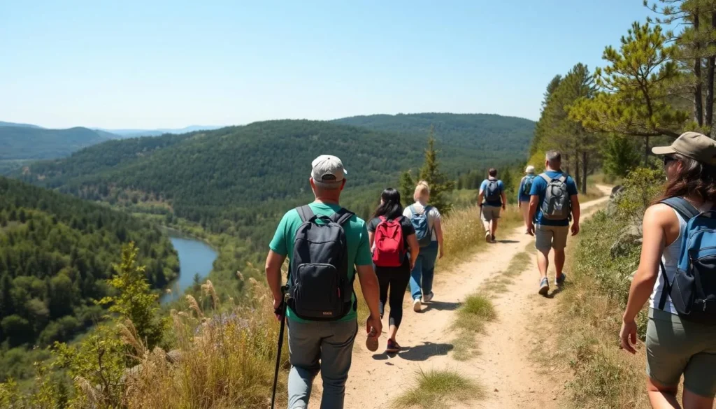 Hikers on the Gerard Trail enjoying scenic views of Oil Creek valley