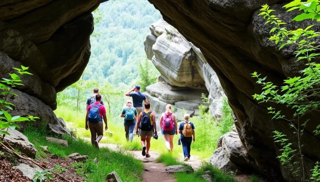 Hikers on the Happy Hollow Trail at Ferne Clyffe passing through a natural arch formation