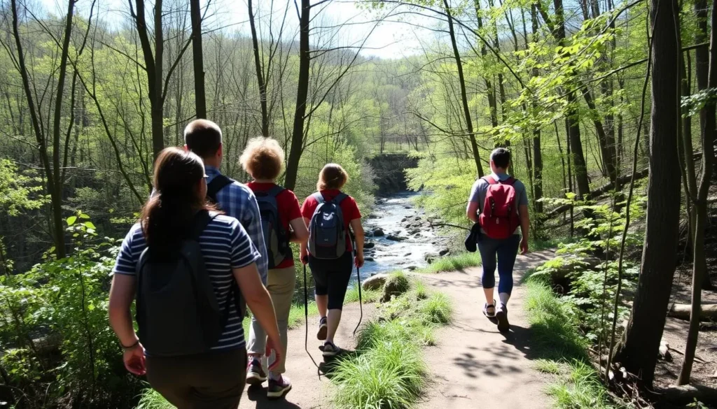 Hikers on the High Bridge Trail at Lake Nockamixon with Tohickon Creek visible below Hikers on the High Bridge Trail at Lake Nockamixon with Tohickon Creek visible below