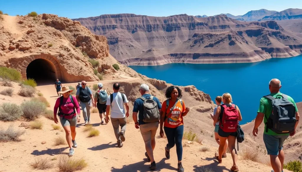 Hikers on the Historic Railroad Trail with tunnel and Lake Mead views Hikers on the Historic Railroad Trail with tunnel and Lake Mead views