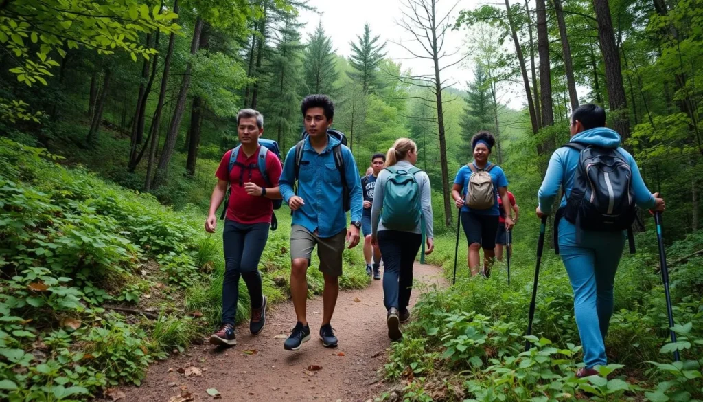 Hikers on the Laurel Highlands Hiking Trail enjoying scenic views at Laurel Ridge State Park Hikers on the Laurel Highlands Hiking Trail enjoying scenic views at Laurel Ridge State Park