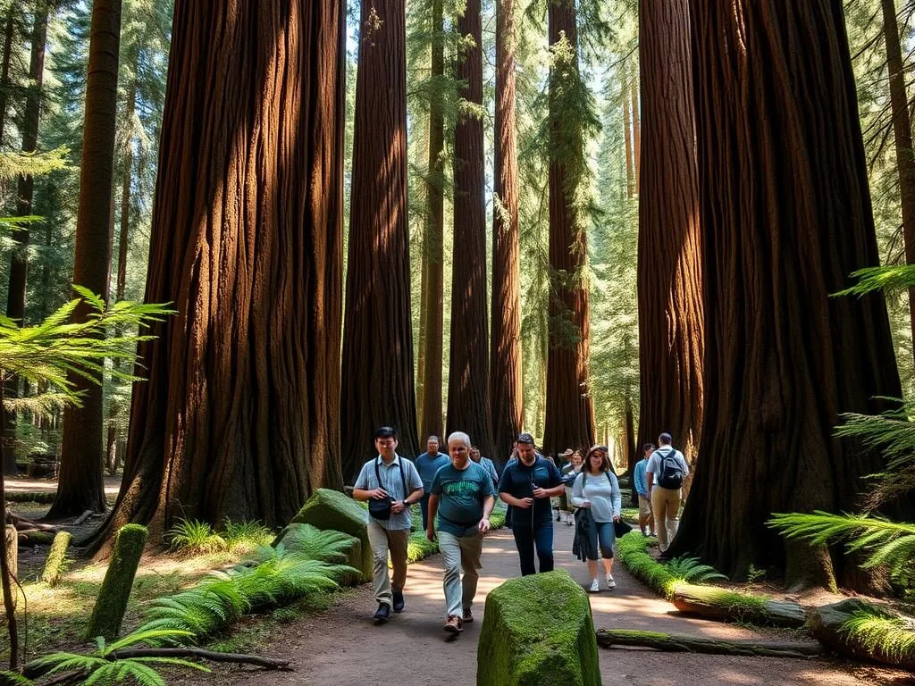 Hikers on the Montgomery Trail surrounded by massive redwood trees in Montgomery Woods State Natural Reserve California Hikers on the Montgomery Trail surrounded by massive redwood trees in Montgomery Woods State Natural Reserve California