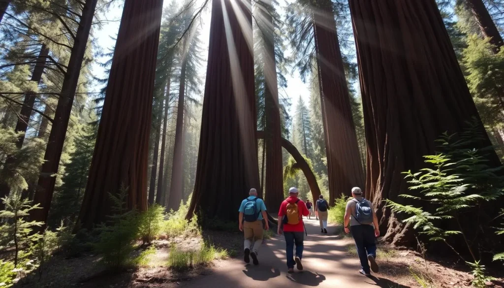 Hikers on the North Grove Loop Trail at Calaveras Big Trees State Park surrounded by giant sequoias Hikers on the North Grove Loop Trail at Calaveras Big Trees State Park surrounded by giant sequoias