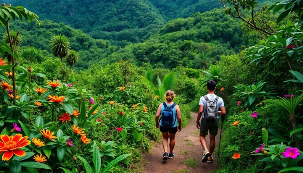 Hikers on the Oriole Walkway trail in Montserrat surrounded by lush rainforest