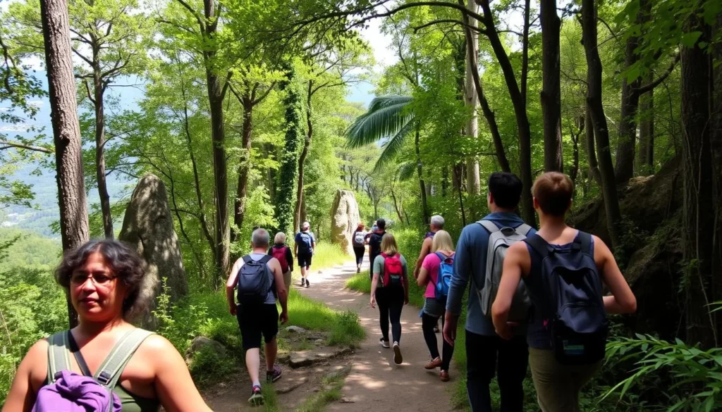 Hikers on the Pinnacles Track in Coromandel Forest Park, New Zealand