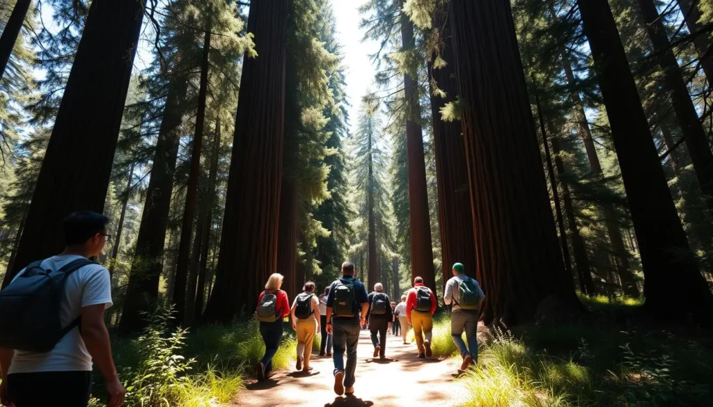 Hikers on the Pioneer Tree Trail surrounded by towering redwoods in Samuel P. Taylor State Park Hikers on the Pioneer Tree Trail surrounded by towering redwoods in Samuel P. Taylor State Park