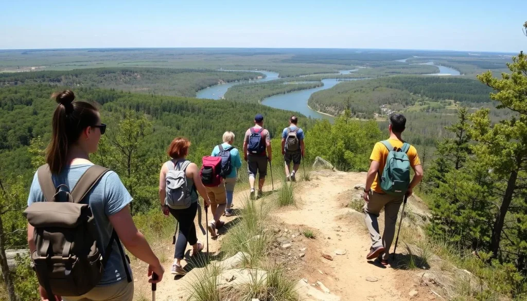 Hikers on the Ridge Trail at Castle Rock State Park Illinois enjoying panoramic views Hikers on the Ridge Trail at Castle Rock State Park Illinois enjoying panoramic views