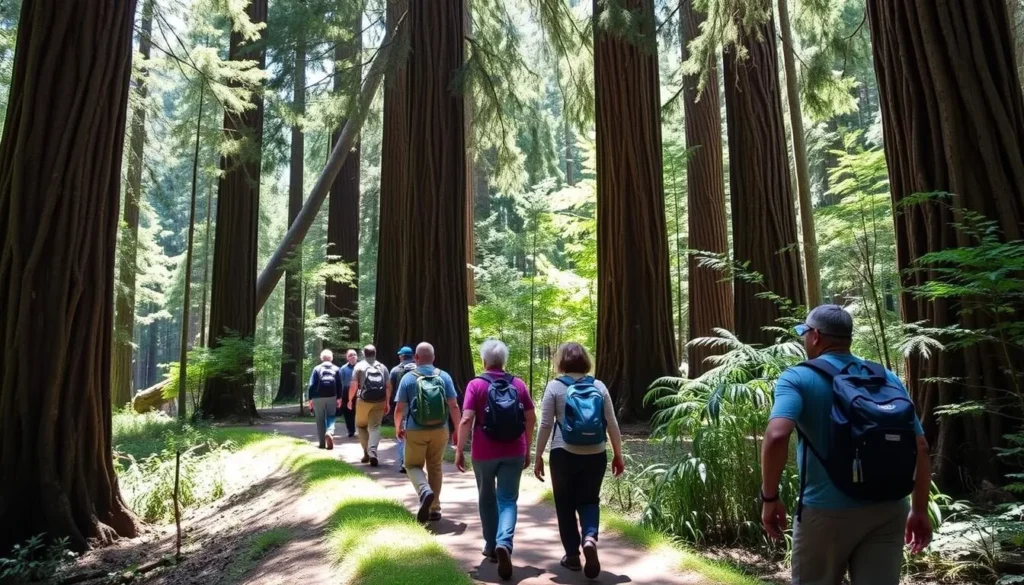 Hikers on the Tan Bark Trail surrounded by redwood trees at Julia Pfeiffer Burns State Park Hikers on the Tan Bark Trail surrounded by redwood trees at Julia Pfeiffer Burns State Park