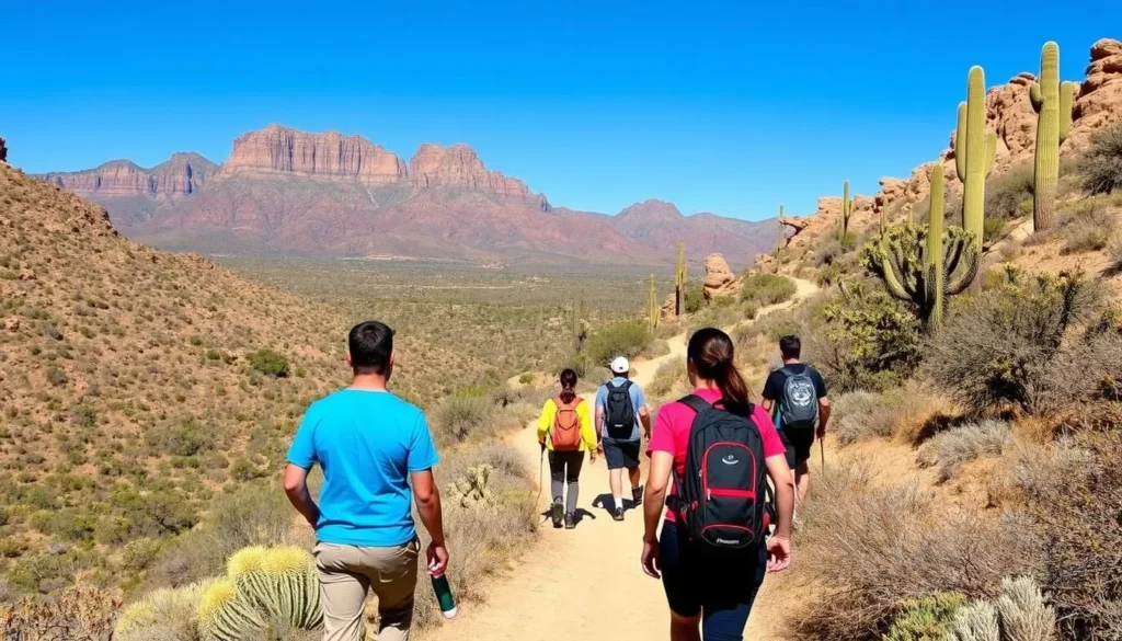 Hikers on the Treasure Loop Trail in Lost Dutchman State Park with Superstition Mountains views
