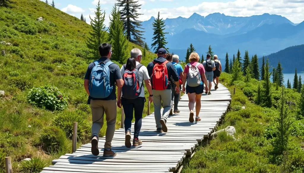 Hikers on the boardwalk trail to Lake Esperance in Hartz Mountains National Park