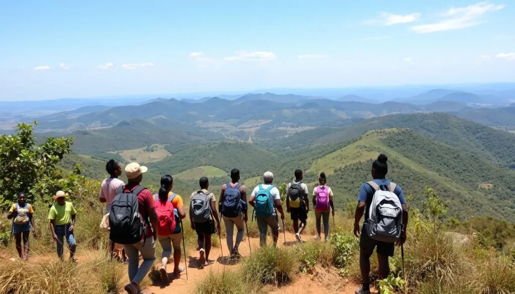 Hikers on the challenging Wanale Ridge trail near Mbale with panoramic views of the surrounding countryside, a popular activity for visitors