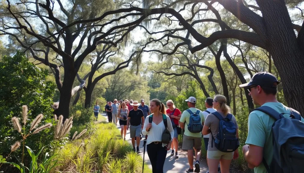 Hikers on the nature trail at Troy Spring State Park observing native plants and wildlife Hikers on the nature trail at Troy Spring State Park observing native plants and wildlife