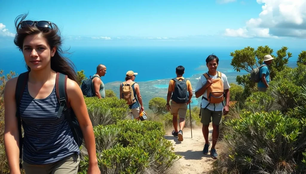 Hikers on the path to Command Ridge with ocean views in the background