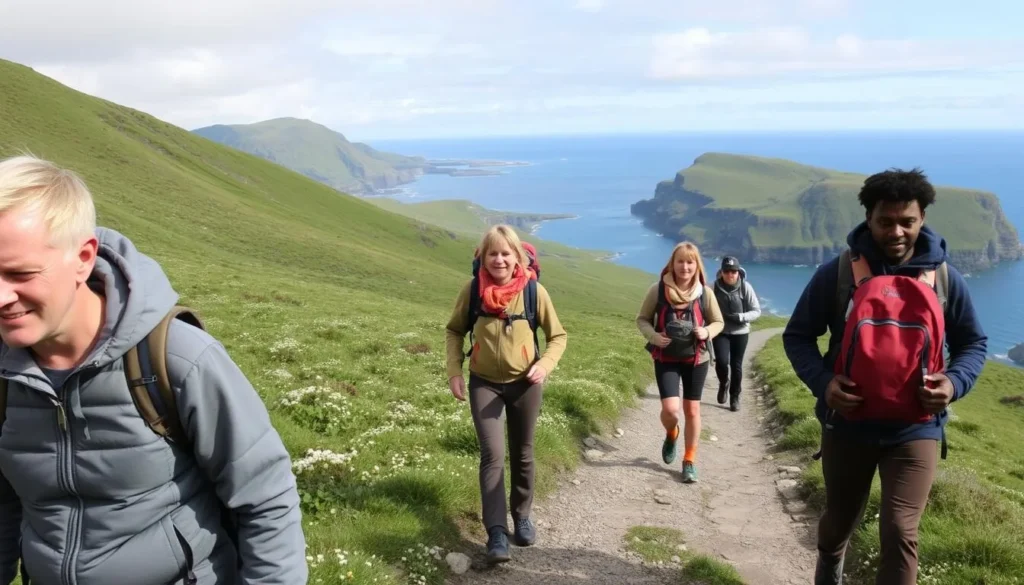 Hikers on the trail between Tórshavn and Kirkjubøur with coastal views