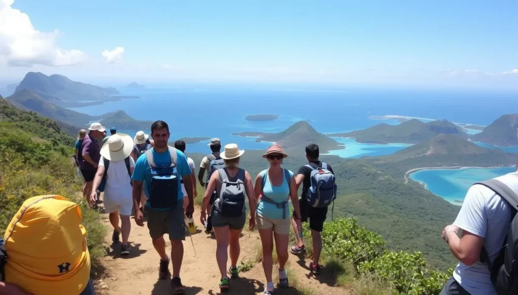 Hikers on the trail to Le Chameau peak with panoramic views of Les Saintes archipelago