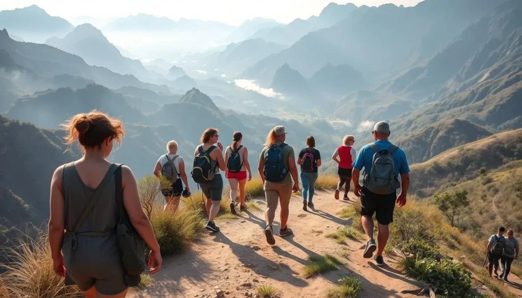 Hikers on the trail to Los Aquaticos in Valle de Vinales with panoramic valley views