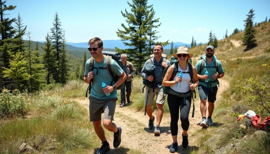 Hikers practicing proper trail etiquette at Lake of the Clouds Pennsylvania Hikers practicing proper trail etiquette at Lake of the Clouds Pennsylvania