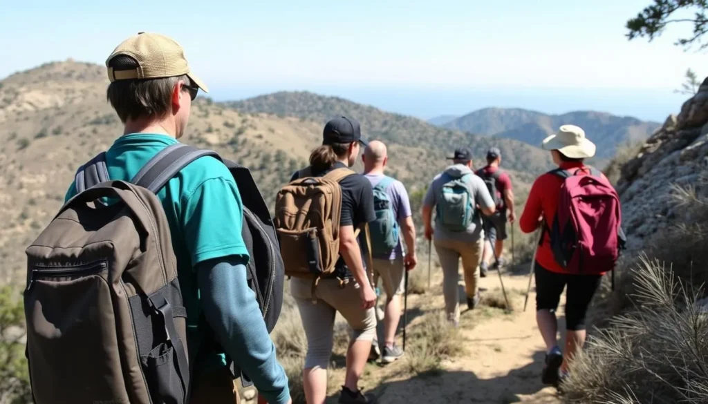 Hikers practicing trail etiquette by yielding to uphill hikers on Mount Baldy trails Hikers practicing trail etiquette by yielding to uphill hikers on Mount Baldy trails