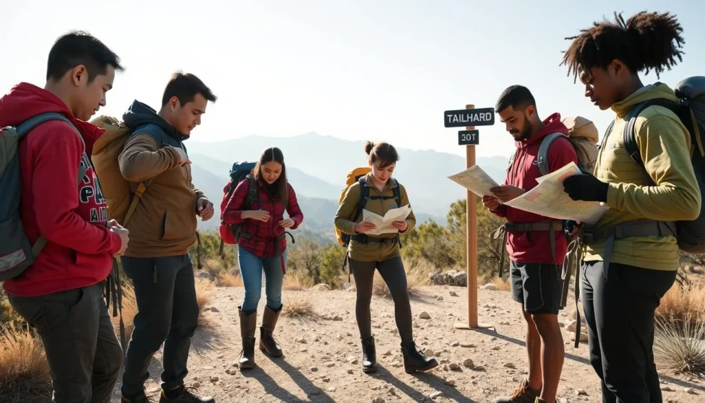 Hikers preparing gear at a trailhead in Mount San Jacinto State Park Hikers preparing gear at a trailhead in Mount San Jacinto State Park