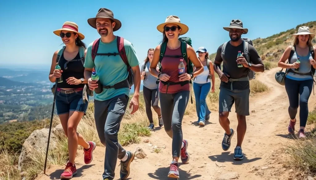 Hikers properly equipped for San Bruno Mountain trails with water bottles and proper footwear Hikers properly equipped for San Bruno Mountain trails with water bottles and proper footwear