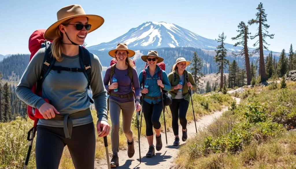 Hikers properly equipped on a trail with Mount Lassen California things to do visible in distance Hikers properly equipped on a trail with Mount Lassen California things to do visible in distance