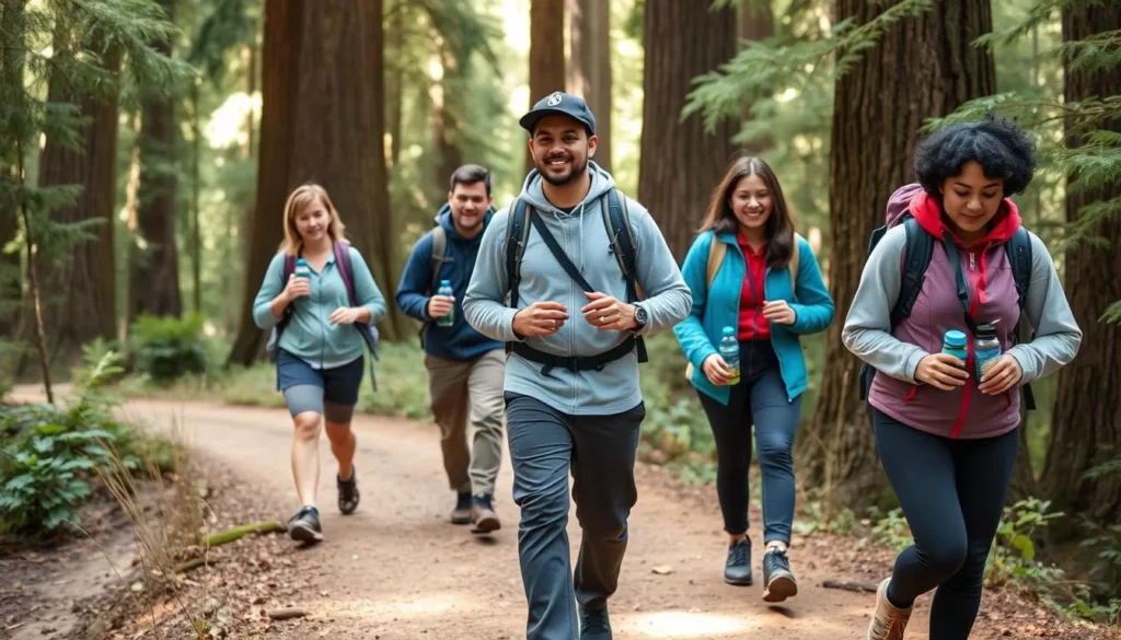 Hikers properly equipped with water bottles and appropriate gear on a redwood trail Hikers properly equipped with water bottles and appropriate gear on a redwood trail