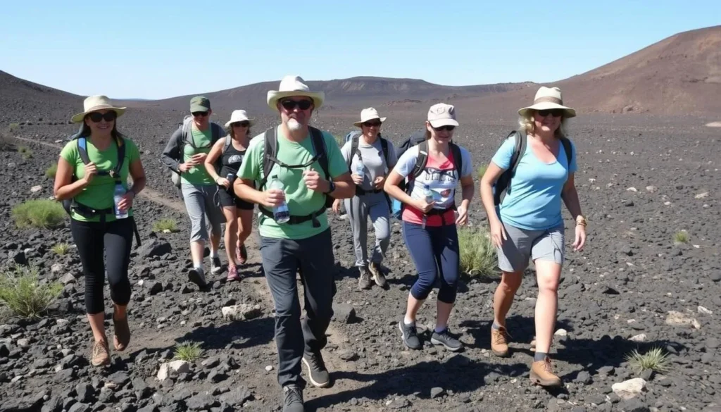 Hikers properly equipped with water, hats, and sturdy footwear exploring a marked trail at El Malpais Hikers properly equipped with water, hats, and sturdy footwear exploring a marked trail at El Malpais
