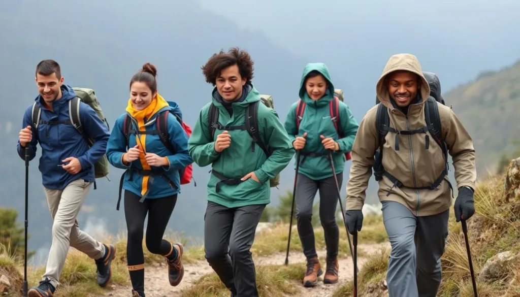 Hikers properly equipped with weather protection gear on a Hartz Mountains trail