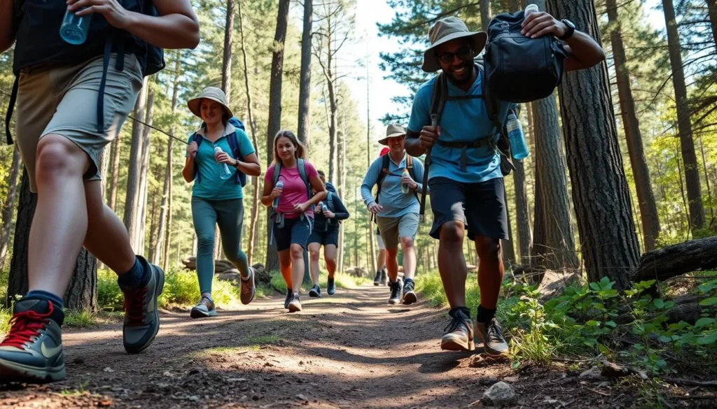 Hikers properly prepared with water bottles, sun protection, and appropriate footwear on a plateau trail Hikers properly prepared with water bottles, sun protection, and appropriate footwear on a plateau trail