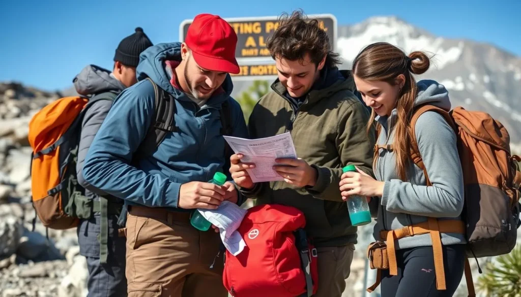 Hikers properly preparing equipment for a safe Mount Whitney ascent Hikers properly preparing equipment for a safe Mount Whitney ascent
