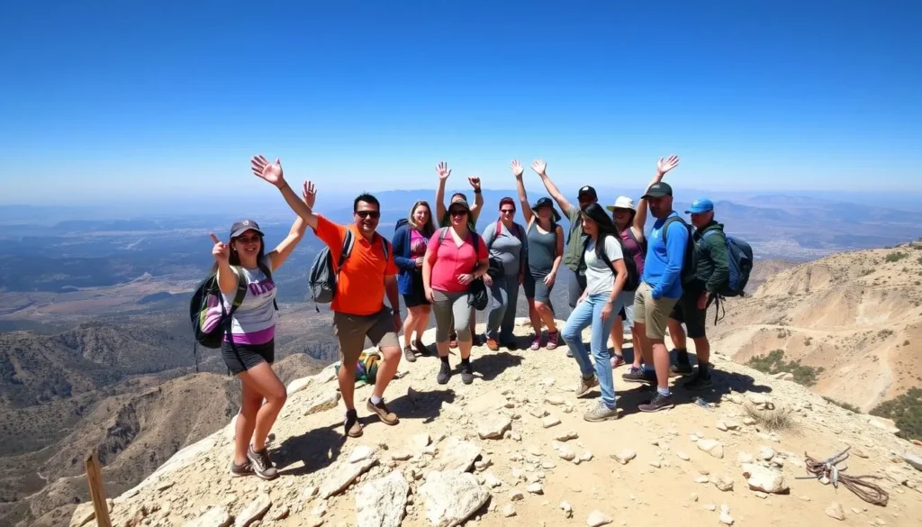 Hikers reaching the Mount Baldy summit with panoramic views Hikers reaching the Mount Baldy summit with panoramic views