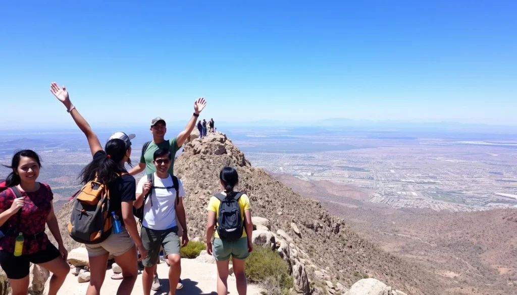 Hikers reaching the summit of Camelback Mountain with panoramic views of Phoenix