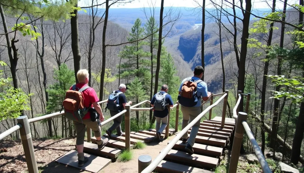Hikers safely navigating the Turkey Path Trail at Leonard Harrison State Park Pennsylvania Hikers safely navigating the Turkey Path Trail at Leonard Harrison State Park Pennsylvania