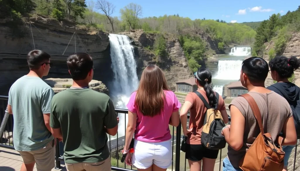 Hikers safely viewing Ohiopyle Falls from a designated observation area