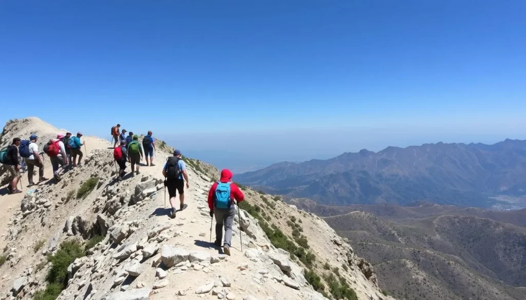 Hikers traversing the narrow Devil's Backbone Trail with steep drop-offs on both sides Hikers traversing the narrow Devil's Backbone Trail with steep drop-offs on both sides