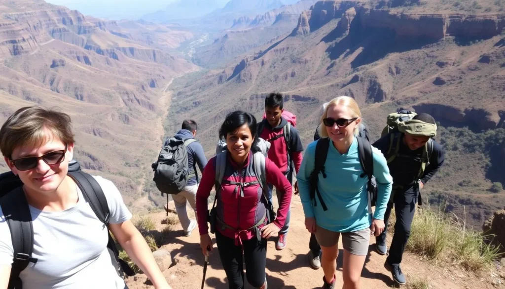 Hikers trekking along the dramatic escarpments surrounding Lalibela with panoramic valley views