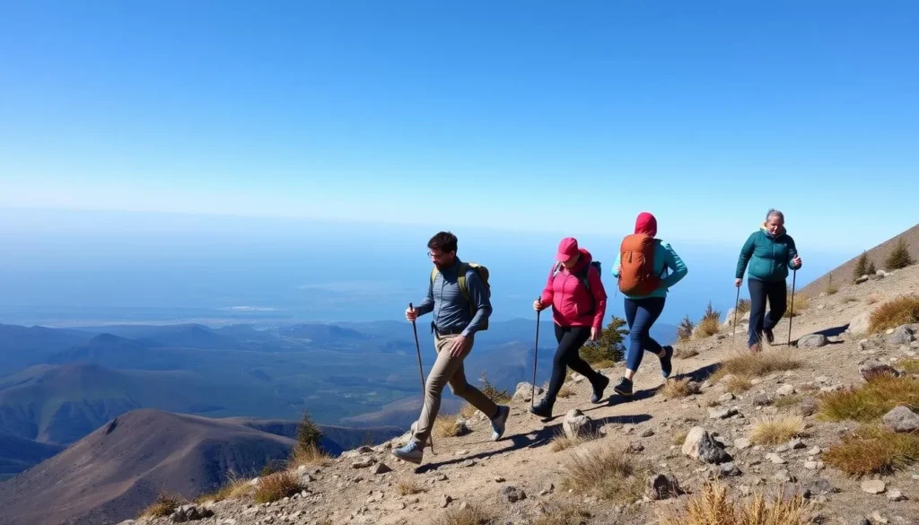 Hikers trekking on the slope of Avachinsky volcano with panoramic views Hikers trekking on the slope of Avachinsky volcano with panoramic views