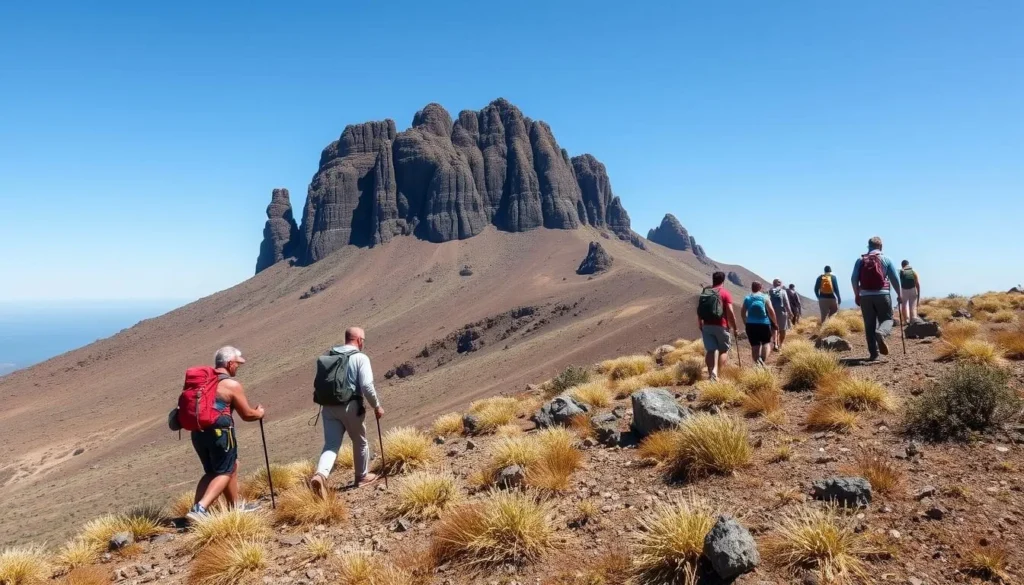 Hikers trekking through Mount Roraima's unique landscape during the dry season with clear skies Hikers trekking through Mount Roraima's unique landscape during the dry season with clear skies