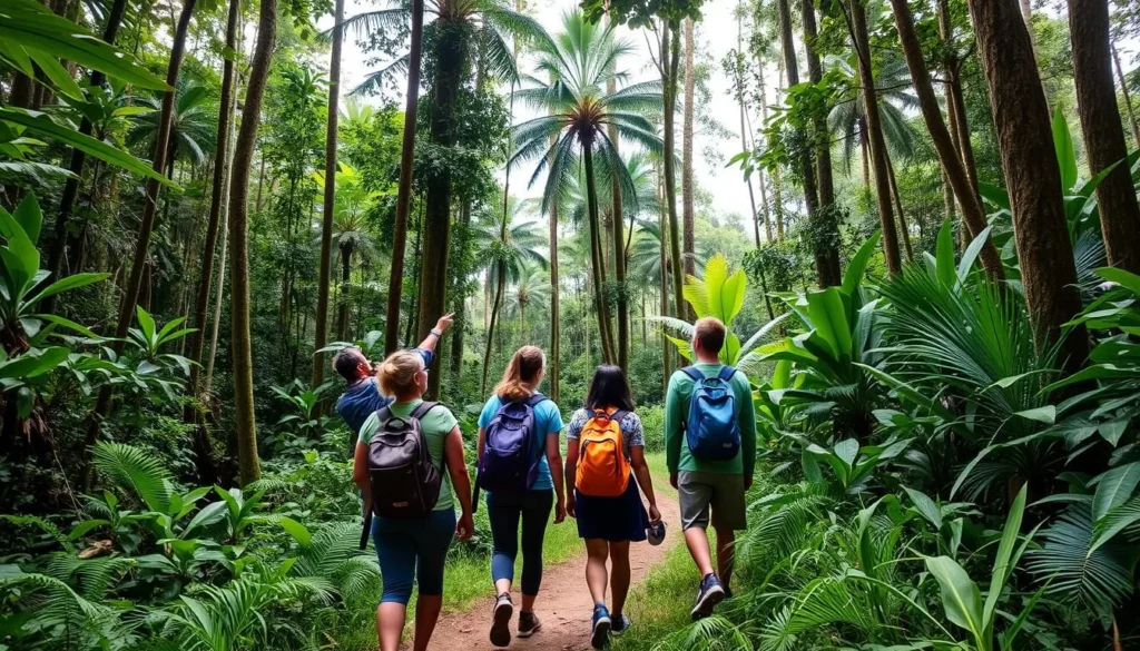 Hikers trekking through Waukauyengtipu rainforest with a guide pointing out wildlife