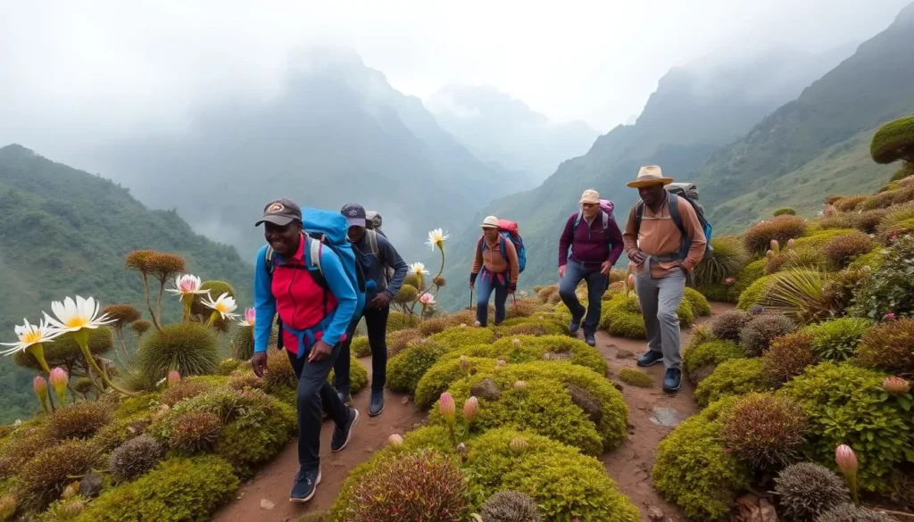 Hikers trekking through the Rwenzori Mountains National Park, Kasese Uganda Hikers trekking through the Rwenzori Mountains National Park, Kasese Uganda