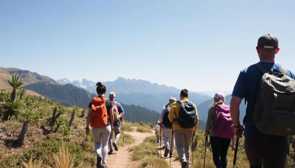 Hikers trekking through the diverse vegetation zones of Borena-Sayint National Park Ethiopia