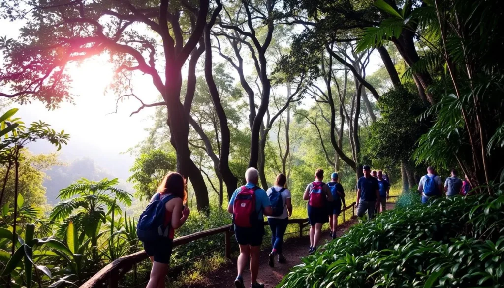 Hikers trekking through the rainforest in the Acarai Mountains