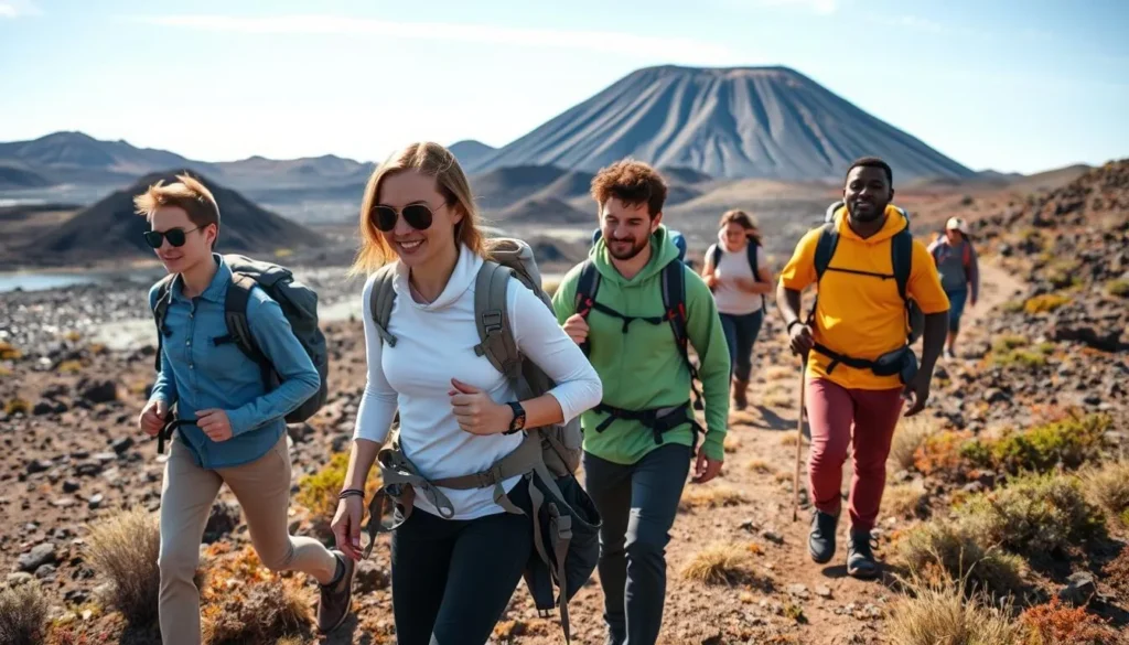 Hikers trekking through the volcanic landscape near Lake Verkhne-Olkhonskoye Hikers trekking through the volcanic landscape near Lake Verkhne-Olkhonskoye