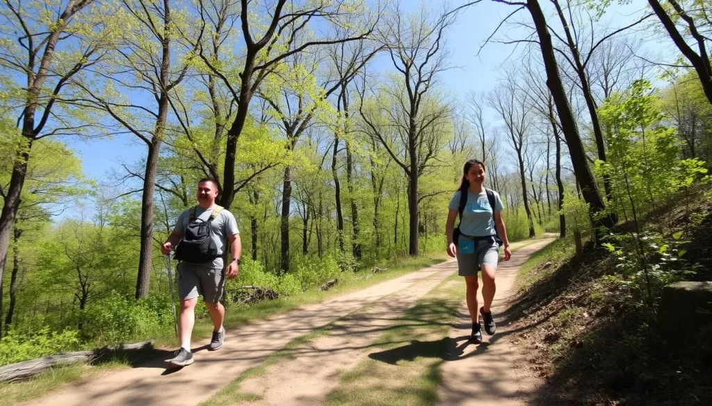 Hikers walking along a well-maintained trail through Middle Fork State Park forest with dappled sunlight Hikers walking along a well-maintained trail through Middle Fork State Park forest with dappled sunlight