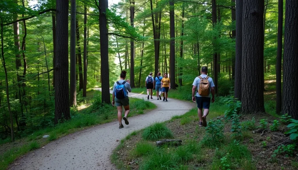 Hikers walking on a well-maintained trail through the forest at Burning Star State Park