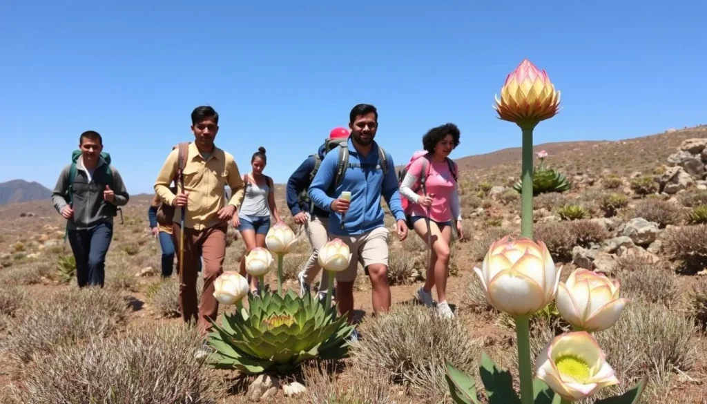 Hikers walking through the unique afro-alpine landscape of Mount Abuna Yosef with giant lobelia plants